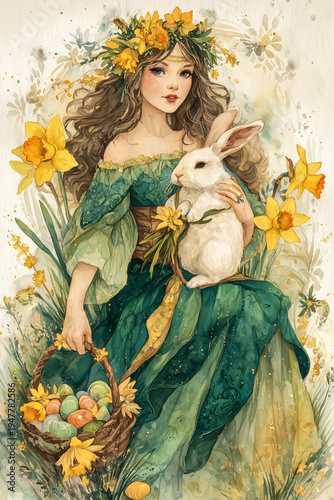 Ostara goddess with rabbit, daffodils and Easter eggs, spring equinox watercolor illustration.Easter 