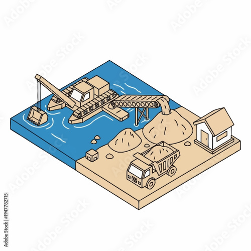 Illustration of a sand mining operation with a dredge, conveyor, truck, and small building on a sandy area next to water.