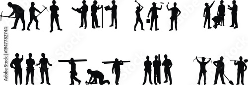 Construction workers silhouette set showing builders engineers and laborers with tools isolated on white background industrial work teamwork and building industry concept