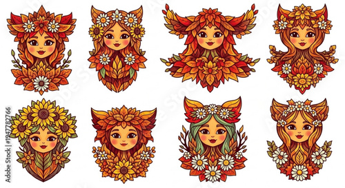 Collection of eight enchanting autumn fairy illustrations with floral crowns and seasonal foliage headdresses