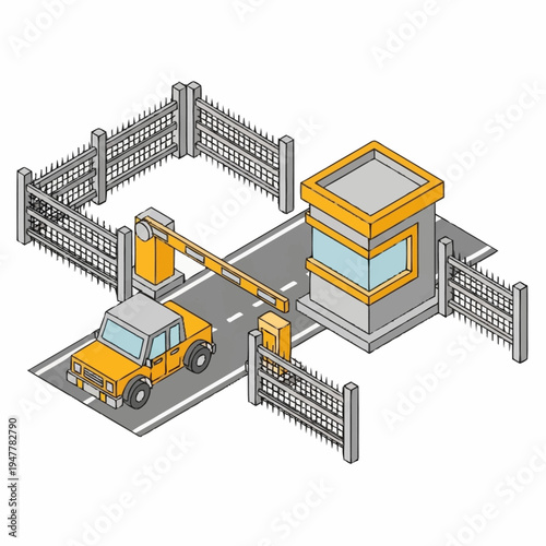Isometric illustration of a yellow car approaching a security checkpoint with a barrier arm and guard booth.
