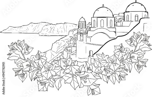 White buildings with domes perch on a cliffside by the sea, framed by flowers