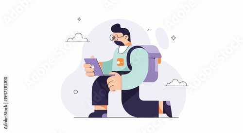 Man with backpack and laptop works remotely on the go