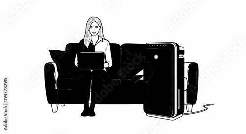 Woman working on laptop on sofa next to air purifier