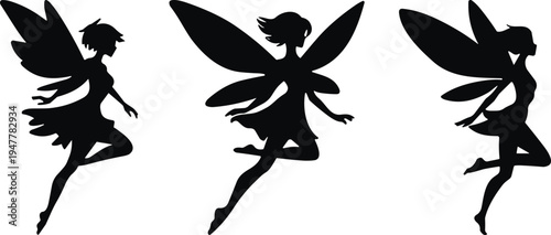 Elegant set of three flying fairy silhouettes with delicate wings magical fantasy characters isolated on light background whimsical illustration for design decoration and storytelling