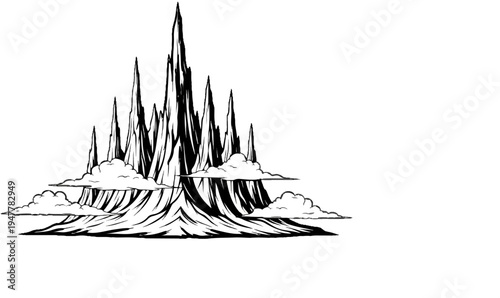 Jagged mountain peaks rise from rolling terrain, enveloped by clouds