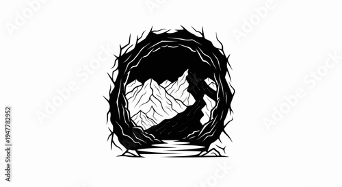 Stylized, stark, monochromatic mountain landscape viewed from dark cave entrance