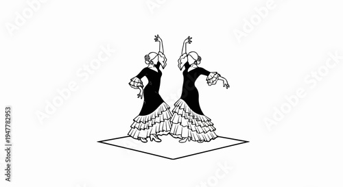 Two stylized flamenco dancers in black ruffled dresses