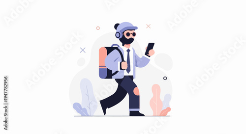 Man with backpack and phone walking