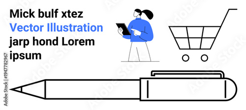 E-commerce, workplace communication, creative tools, digital shopping, modern business, online services. Person holding a tablet, shopping cart and pen. E-commerce and workplace communication