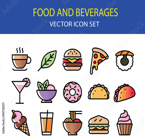 Food and Beverage Vector Icons Set with Coffee, Burger, Pizza, Sushi and Drinks
