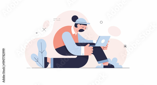 Minimalist illustration of a person with glasses and hat working on a laptop