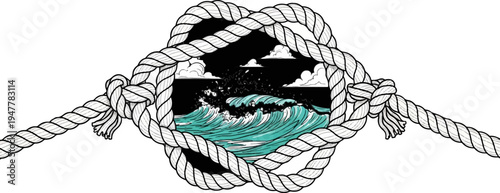 Knotted rope frames a tumultuous sea with crashing waves and dark clouds