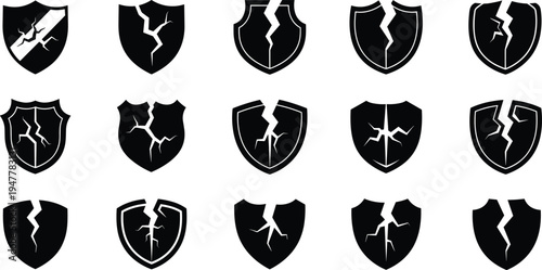 Cracked Shield Icons Set with Lightning for Security Breach, Damage, and Vulnerability Symbols