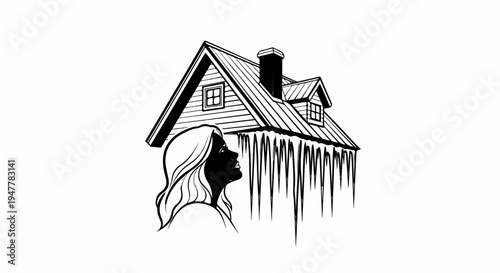 Woman's profile gazes up at a house adorned with icicles
