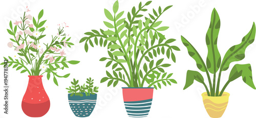 Indoor houseplants in decorative pots with green foliage and flowers flat vector illustration set for home decor, gardening, botanical and plant collection design