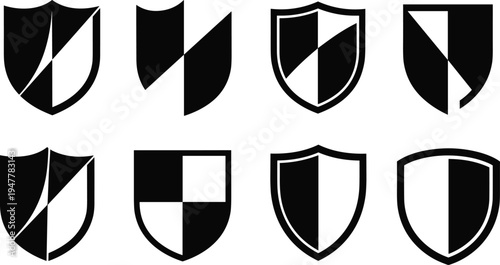 Split Shield Icon Set for Security, Protection, and Division Symbols in Black and White