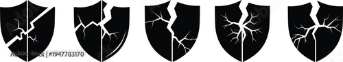 Cracked Shield Icon Set with Lightning for Security Failure, Protection Breakdown, and Vulnerability