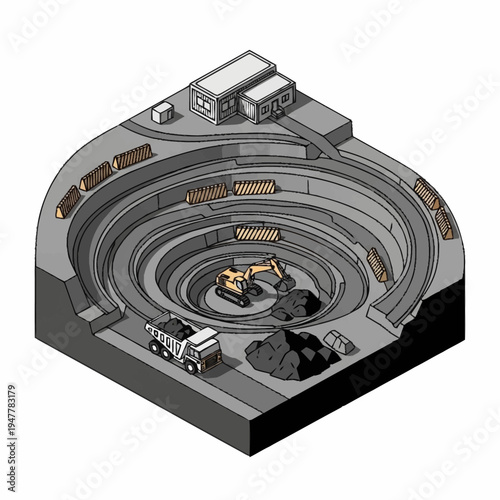 Isometric illustration of an open-pit mine with heavy machinery, trucks, and buildings, showcasing the mining process and industrial landscape.