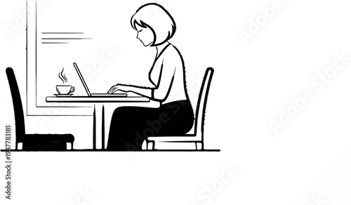 Woman working on laptop at a table with coffee, seated at a chair