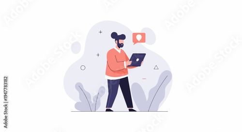 Man with beard and bun hairstyle holding a tablet, with abstract shapes