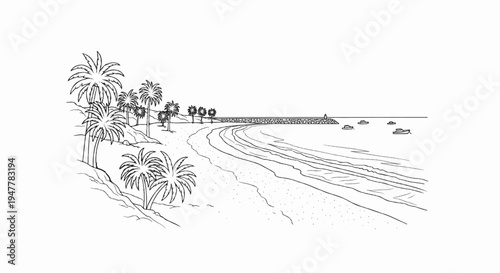 Tropical shoreline with palm trees, sandy beach, breakwater, and boats