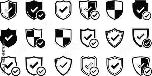 Shield with Check Mark and Protection Icons Set for Security, Validation, and Trust Symbols