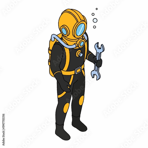Illustration of a person in a diving suit holding a wrench, with bubbles floating above the helmet.