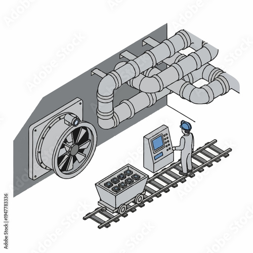 Industrial ventilation system with a large fan, ductwork, and a control panel overseeing a mine cart on a railway track.