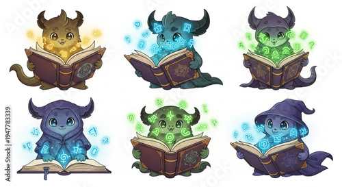 Cute fantasy creatures reading magical books and glowing with mystical energy