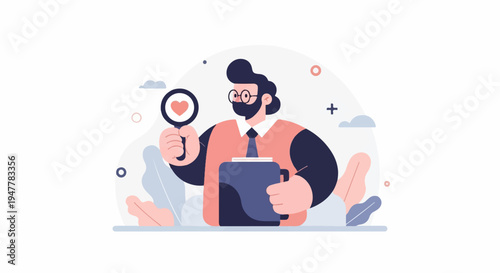Man with beard and glasses holds magnifying glass over heart, holding mug