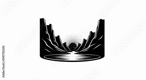 Stylized sun rises over a reflective body of water between rocky canyon walls