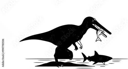 Large prehistoric reptile with long snout catches fish, shark swims nearby