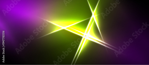 Bright starburst pattern. Vivid purple, green hues blend. Dynamic light streaks create abstract energy effect. Dark background contrasts brilliance.