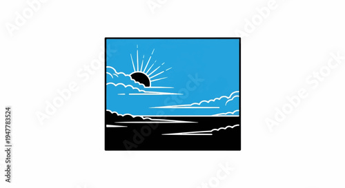 Stylized sun rising over a dark landscape with clouds