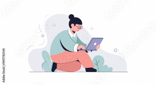 Minimalist illustration of a person working on a laptop outdoors