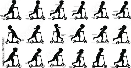 Kids Riding Scooters in Motion Icon Set for Speed, Action, and Fun Activities