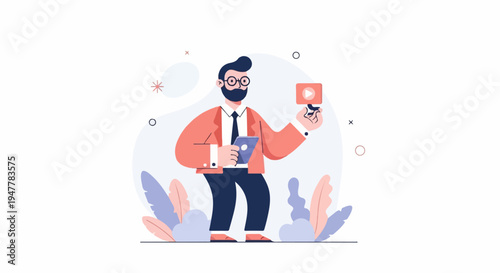 Man with beard and glasses holds tablet and play button icon