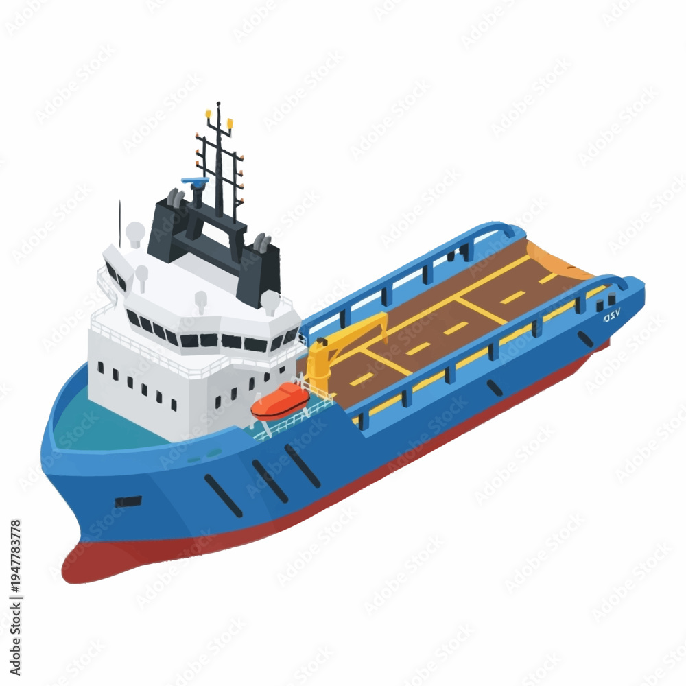 Fototapeta premium Isometric illustration of a blue and white offshore supply vessel with a large deck area.