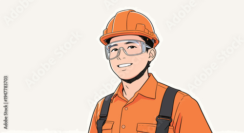 A worker wearing safety glasses and an orange helmet stands smiling at a construction site during the day.