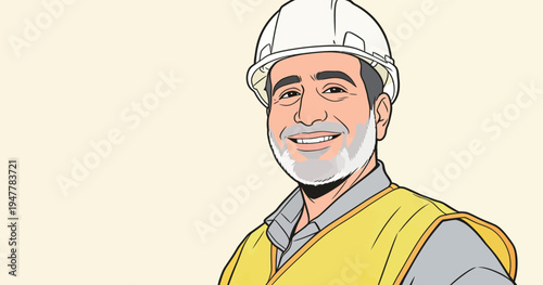 A construction worker stands with a smile, wearing a hard hat and safety vest, in a work area showing pride in his role.