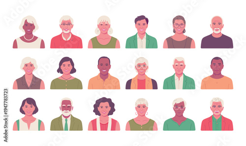 Set of Diverse People Avatars and User Profile Icons Featuring Men and Women of Different Ages and Ethnicities in Flat Vector Style