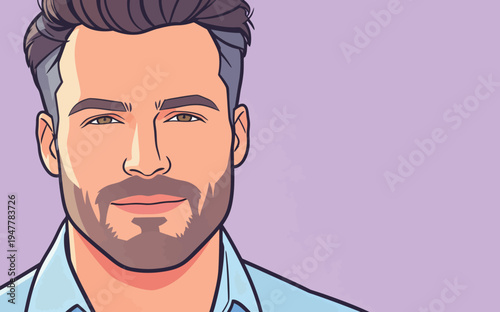 A male character stands against a purple background. He has a beard and short hair and looks directly at the viewer with a neutral expression.