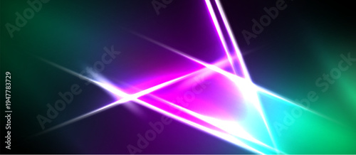 Abstract light streaks, vibrant colors blend. Purple, teal dominate dark background. Dynamic energy radiates from central point.