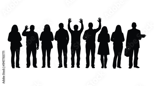 A group of people standing in a line with their arms raised