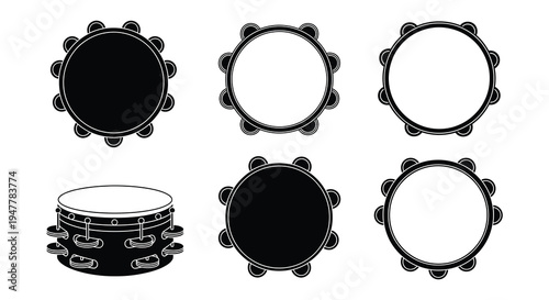Collection of various percussion instruments tambourines and drums shown in silhouette