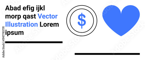 Financial services, charity funding, donation drives, currency concepts, marketing design, business branding. Blue heart and dollar symbol in abstract layout. Finance and charity funding concept