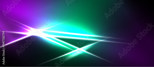 Abstract vibrant light streaks, purple, teal hues. Dramatic energy radiates from central bright point. Dark background enhances luminosity.