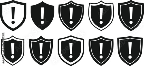 Shield with Exclamation Mark Icon Set for Alerts, Warnings, and Protection Symbols