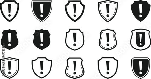 Shield with Exclamation Mark Icon Set for Warning, Alert, and Protection Symbols